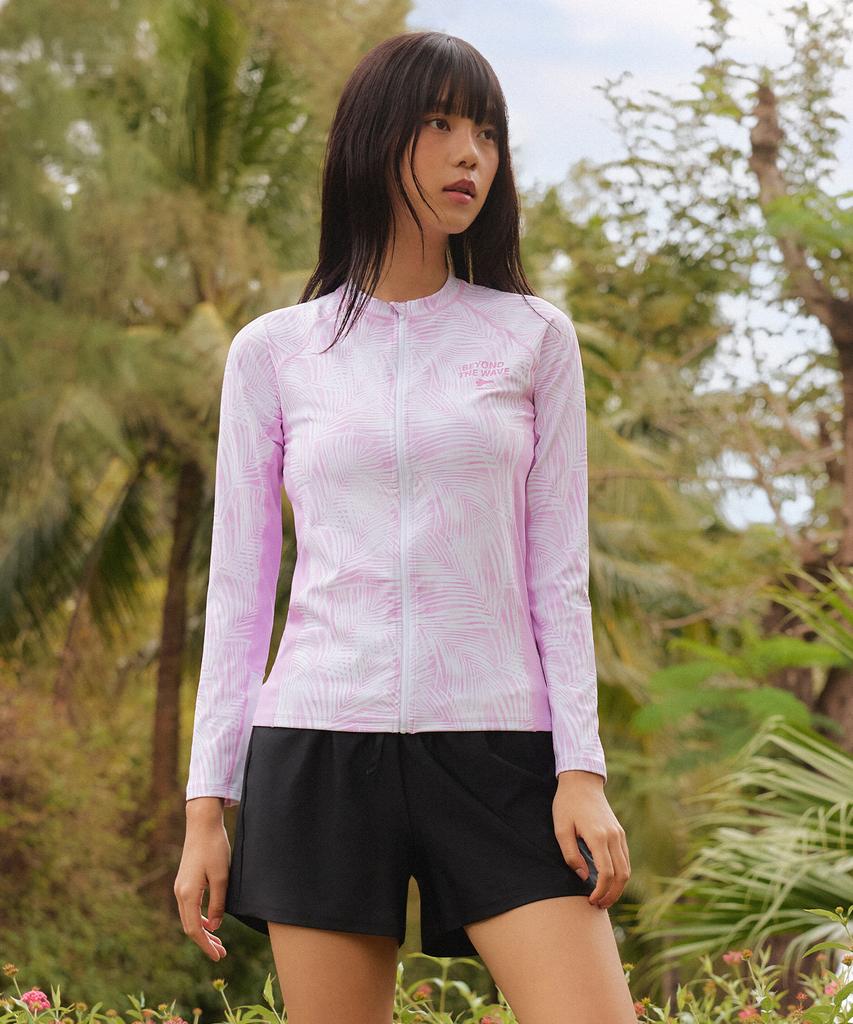 Lenomasuyeongbog Women'S Palm Tree Basic Fit Zip-Up Rash Guard Set Pink Rn-Ls2F521-Pk