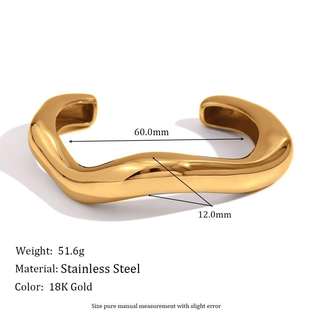 18K Gold-Plated Stainless Steel Wave Open Bangle for Women