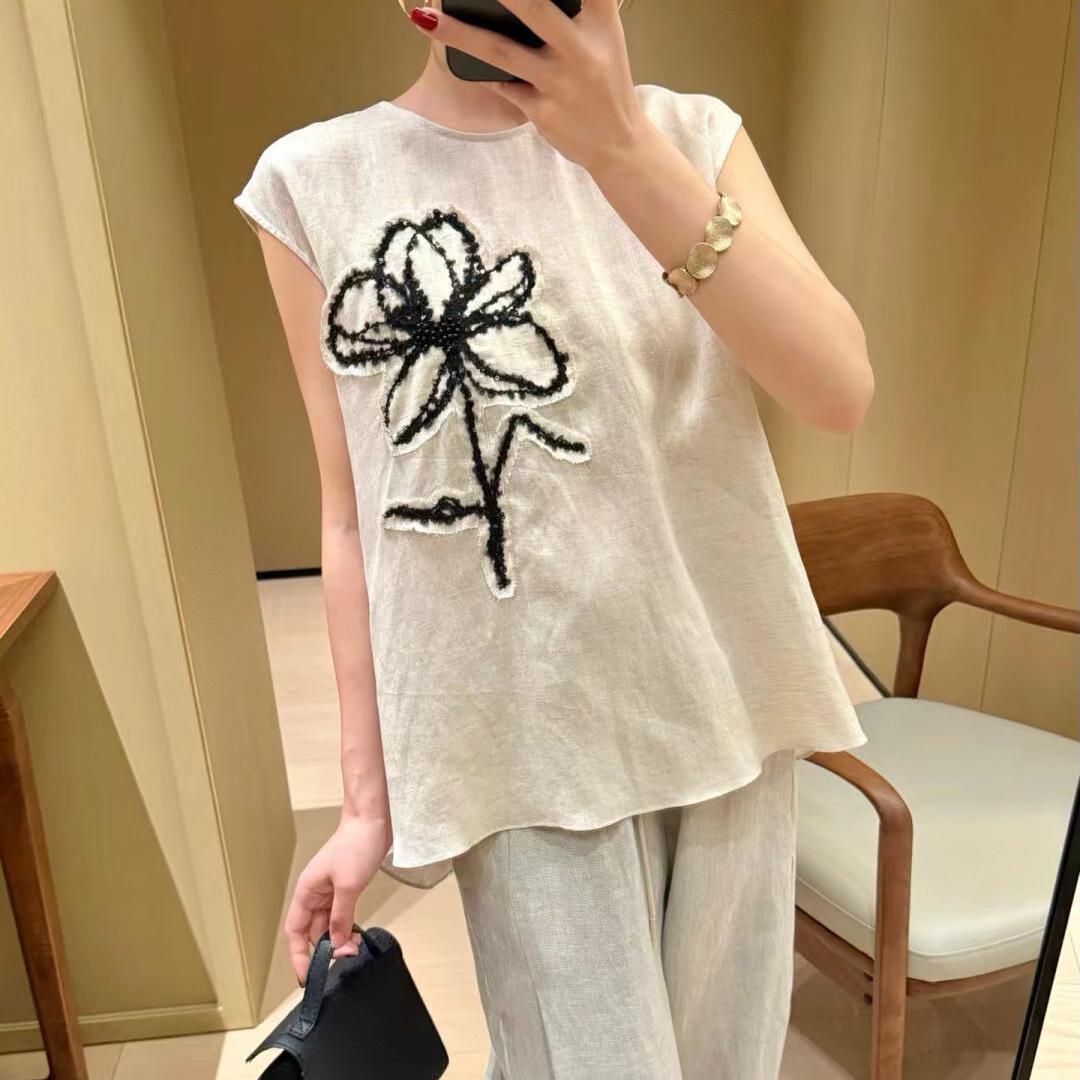 

2026 Ранняя весна 3D шелково-льняной вышитый топ без рукавов Medium чёрный/цветочный