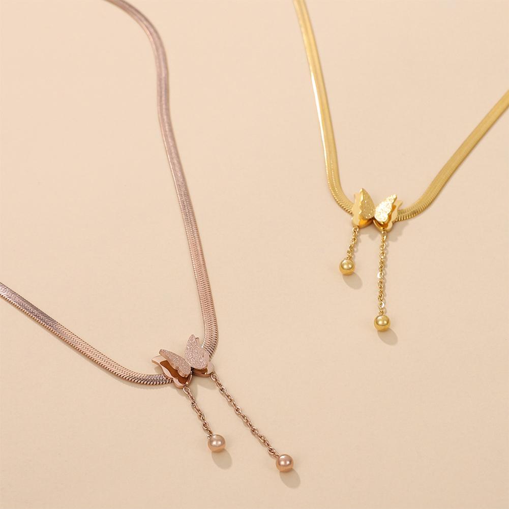 Stainless Steel Frosted Butterfly Pendant Necklace Bracelet Fashionable Niche Titanium Steel Tassel Necklace Women Jewelry