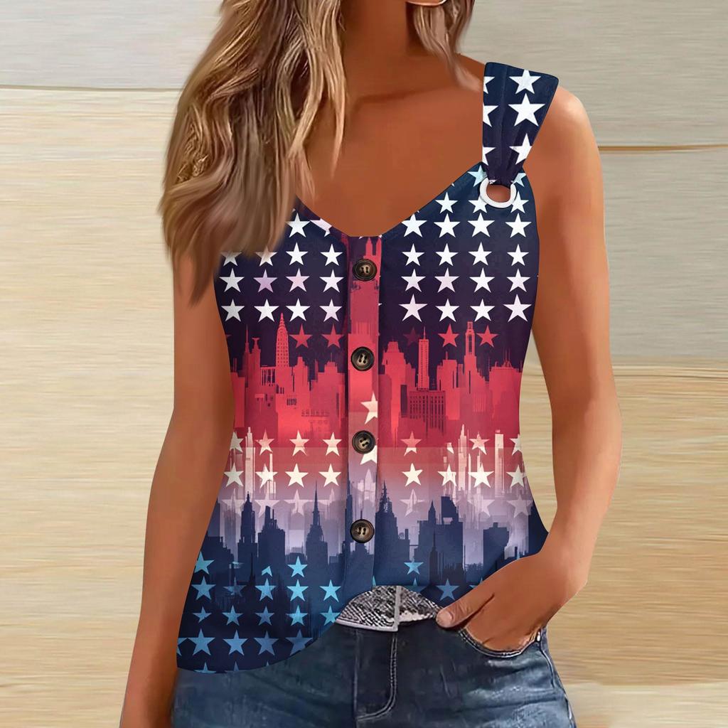 Women's Fashion Casual Loose Sleeveless Buttoned V-Neck Independence Day Printed T-Shirt Top