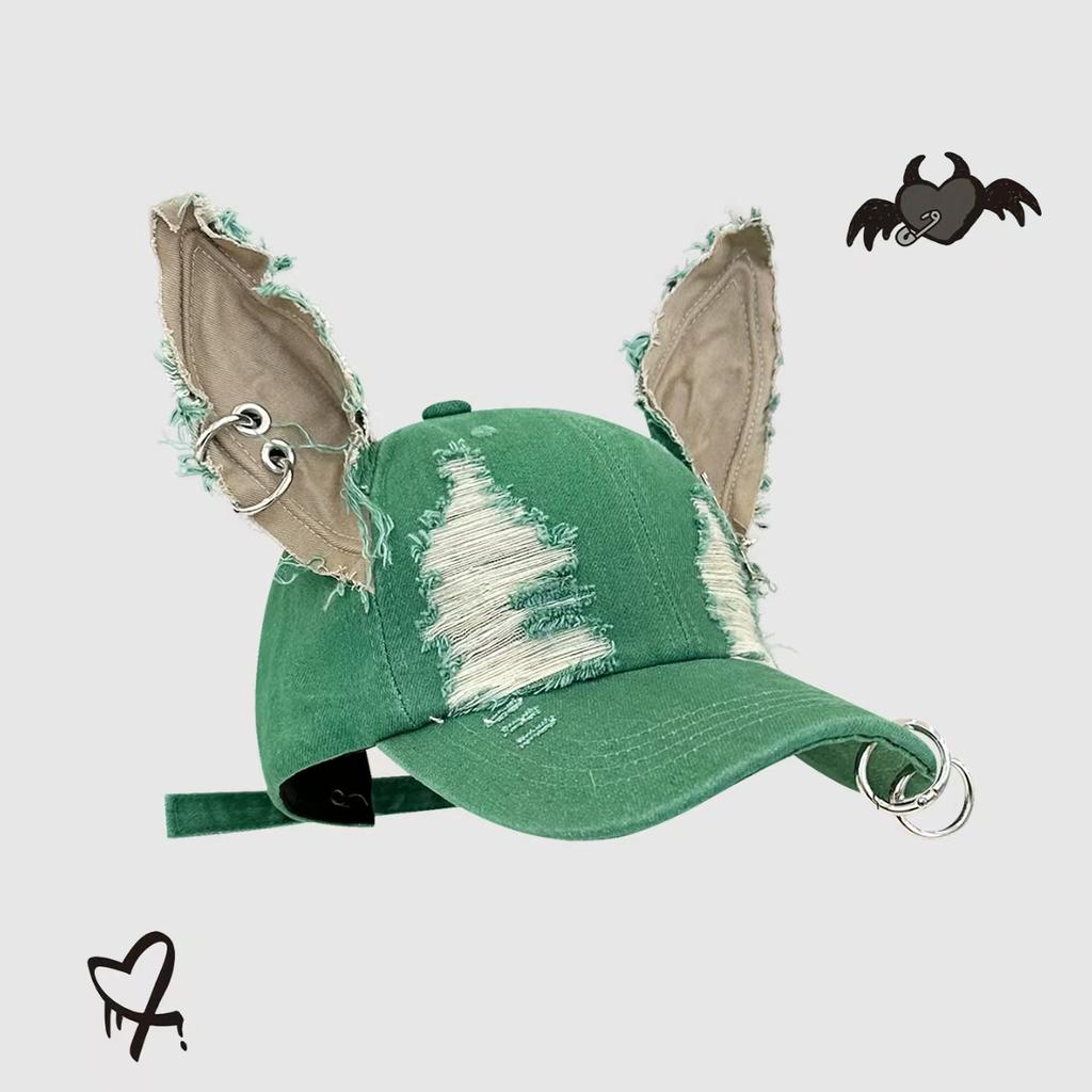 2026 New Y2k Rabbit Ears Denim Ripped Baseball Cap Men and Women Dark Personality Metal Ring Street Trend Adjustable Cosplay Hat