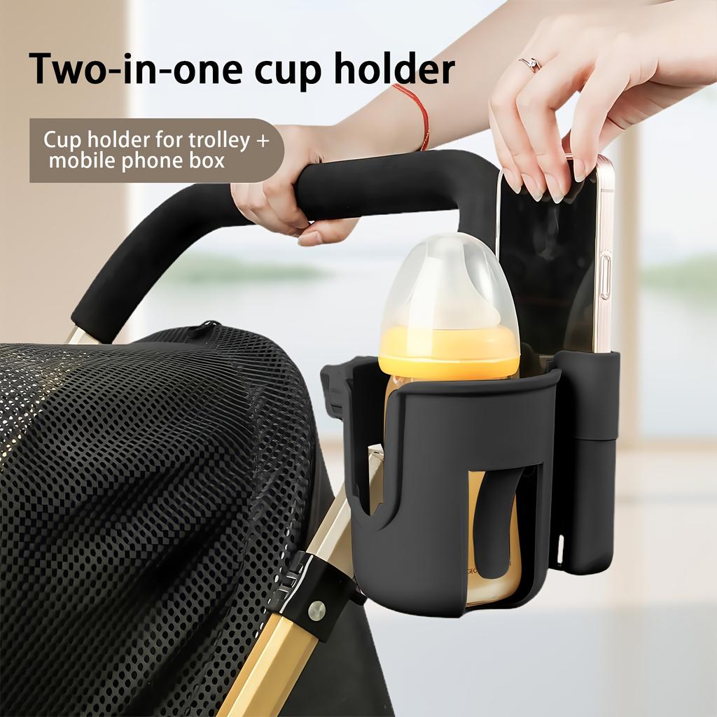 Un Portabicchieri Versatile per Passeggino con Supporto per Telefono, Progettato per Tenere Bottiglie e Bicchieri d'Acqua sia per Passeggini che per Biciclette.