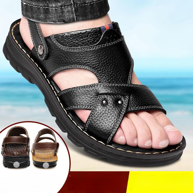 Thick Soled Massage Soled Sandals, Men's Genuine Leather Summer Sandals, Men's Casual Beach Shoes
