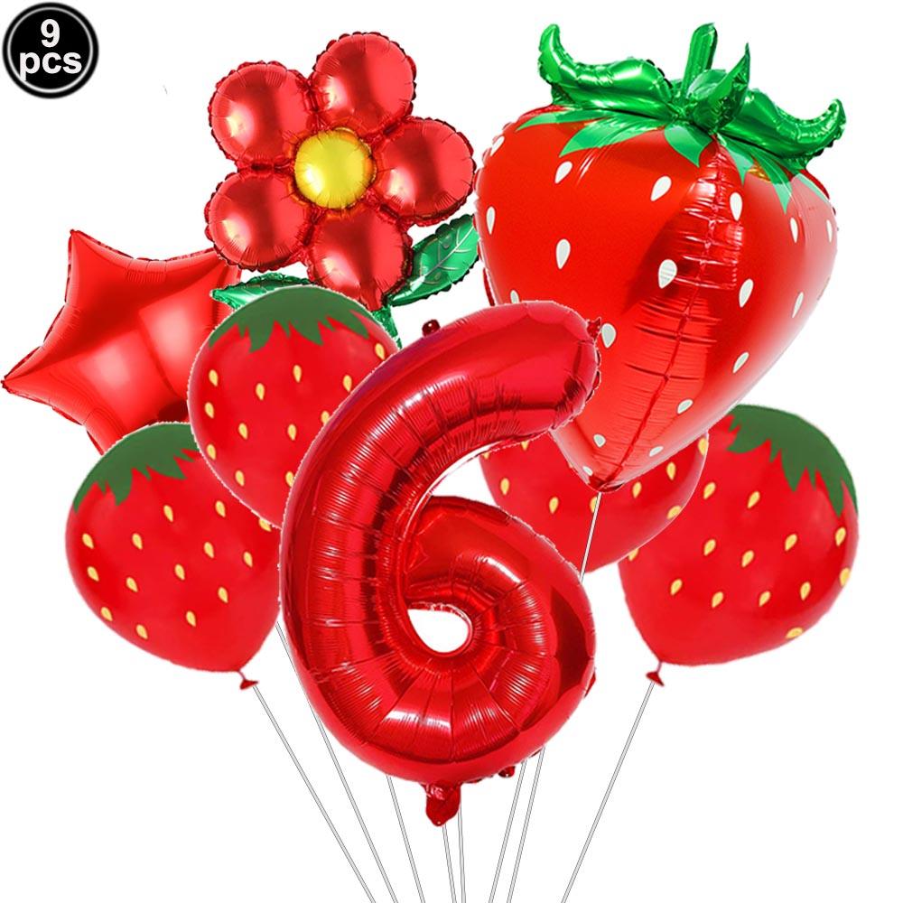9pcs Strawberry Balloons Kits Birthday Decorations for Girls 32inch 0-9 Number Balloons for Strawberry Birthday Party Decors