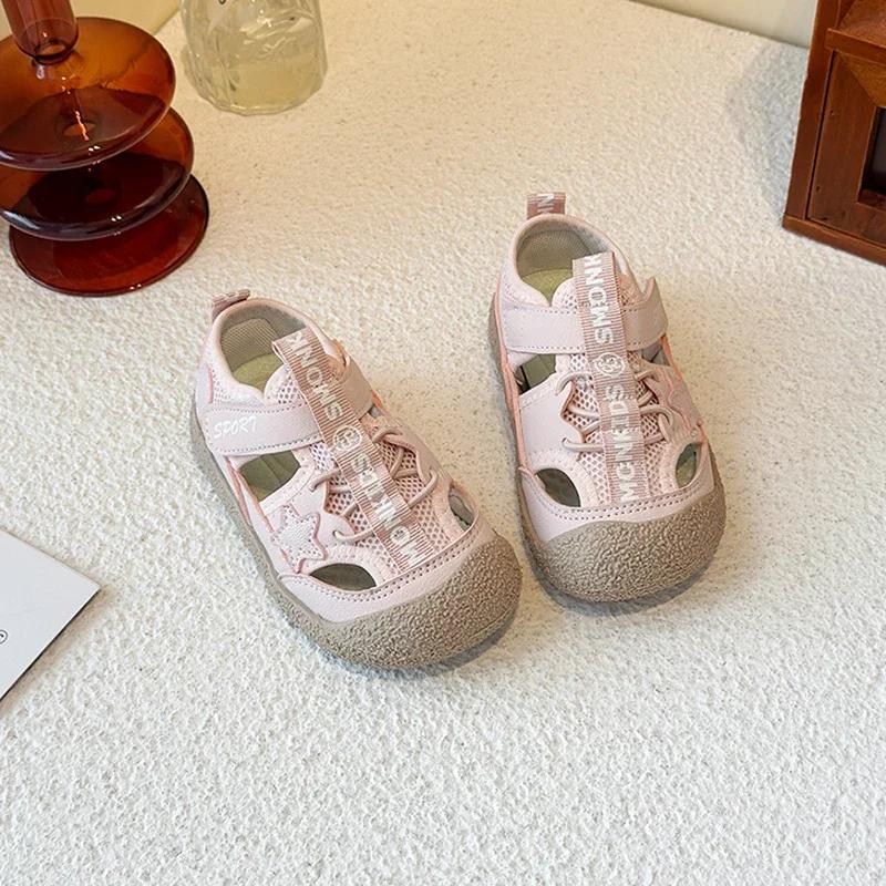 

Girls Casual Shoes Hollowed-out Non-slip Kids Sandals Toes Capped Anti-kick Summer New Children Beach Shoes Mesh Breathable 22 рожевий