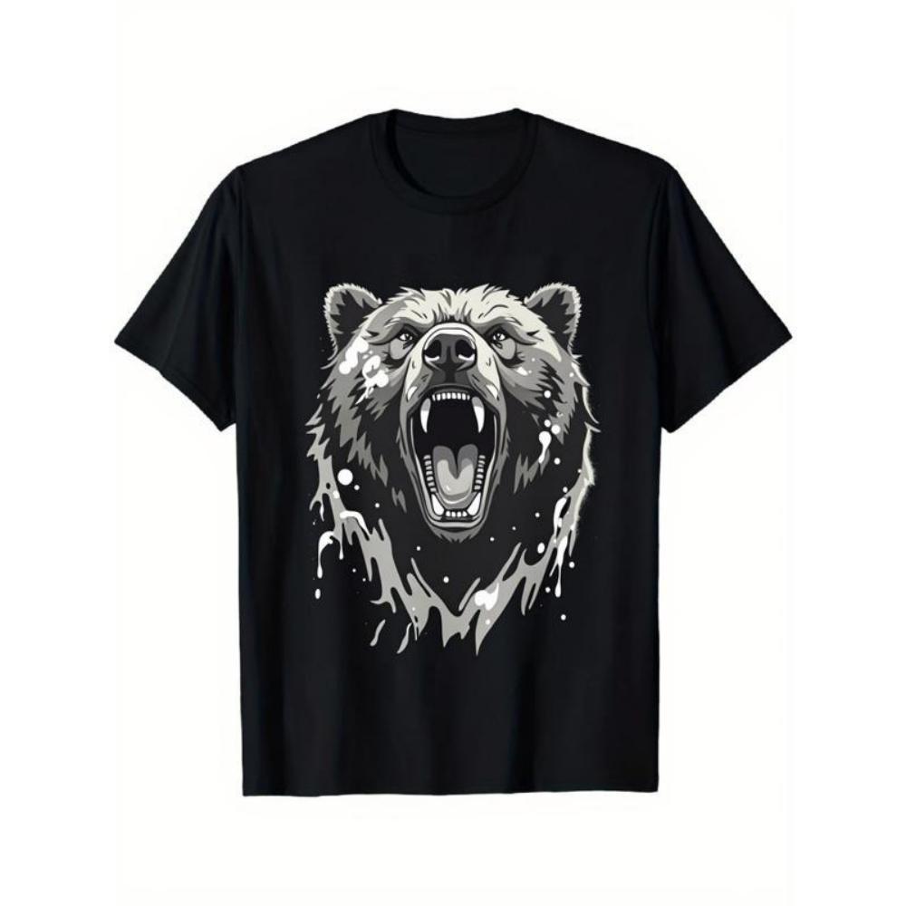 

European Sizes Men s Black Bear Graphic T-Shirt - Crew Neck Short Sleeve Tee with White Bear Face Print S чёрный