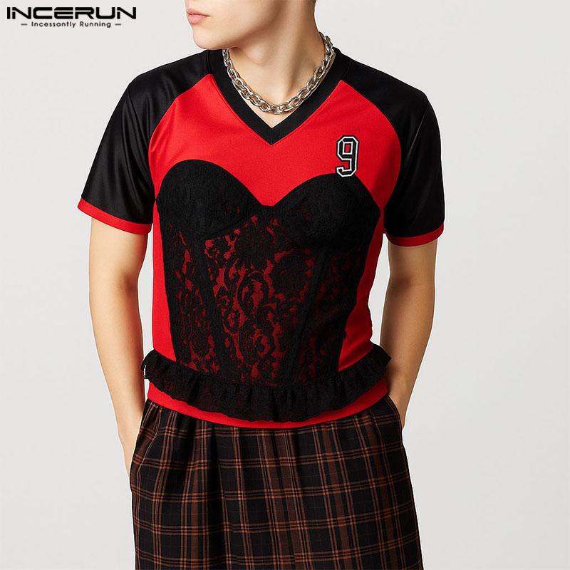 INCERUN Summer Men Short Sleeve Lace Patchwork Print Casual T-shirts Tee Tops