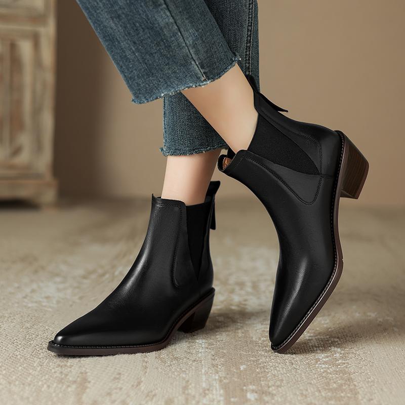 2024 Vintage Women Genuine Leather Ankle Boots Autumn Winter Thick Heels High Quality Elastic Band Office Lady Retro Shoes Woman