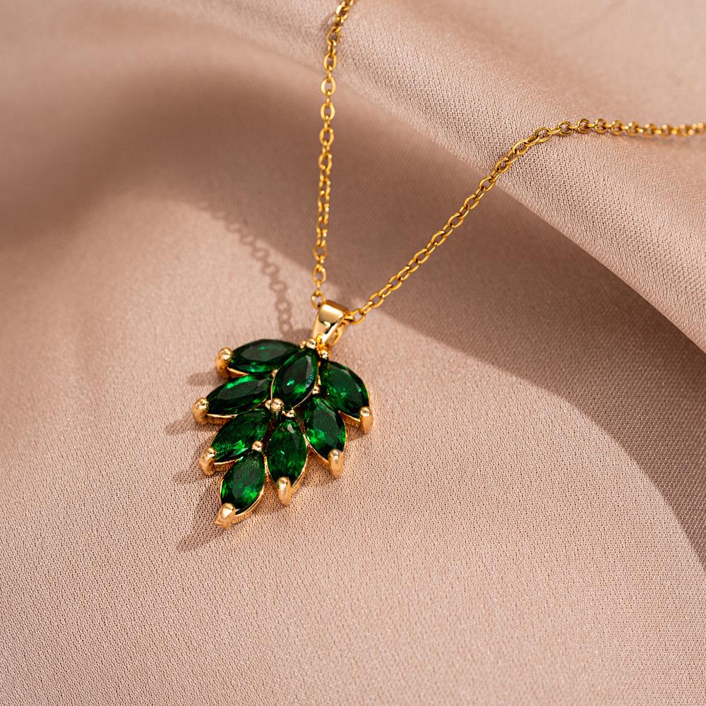 Luxury Green Leaf Zirconia Necklace for Women - Elegant Titanium Steel Design