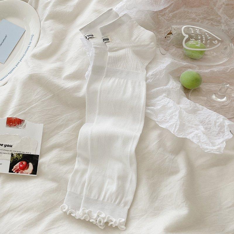 Sock-style Women's Summer/autumn Lightweight Solid-color Vertical Stripe Mid-calf Wooden-ear Cuff Breathable All-purpose Foot Cover Socks