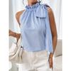Fashionable Sleeveless Striped Lace High-neck Knot-tied T-shirt Top