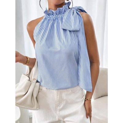 Modisches ärmelloses gestreiftes Spitzen-T-Shirt-Top mit hohem Hals und zum Knoten gebunden