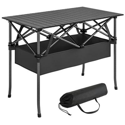 Foldable Rollable Picnic Table Portable Camping Table with Mesh Shelf and Carry Bag for Outdoor Use, Black