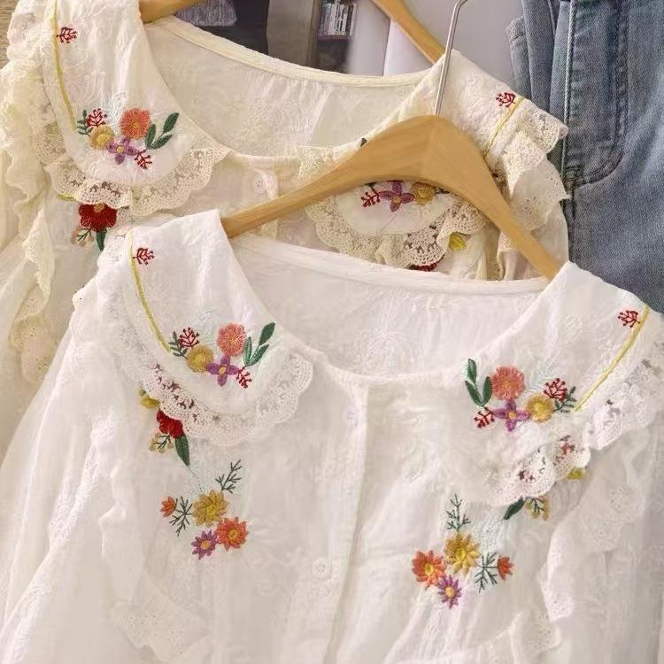 1116 Spring New Female Mori Top Shirt Long Sleeve Literary Embroidery Loose Cotton and Linen