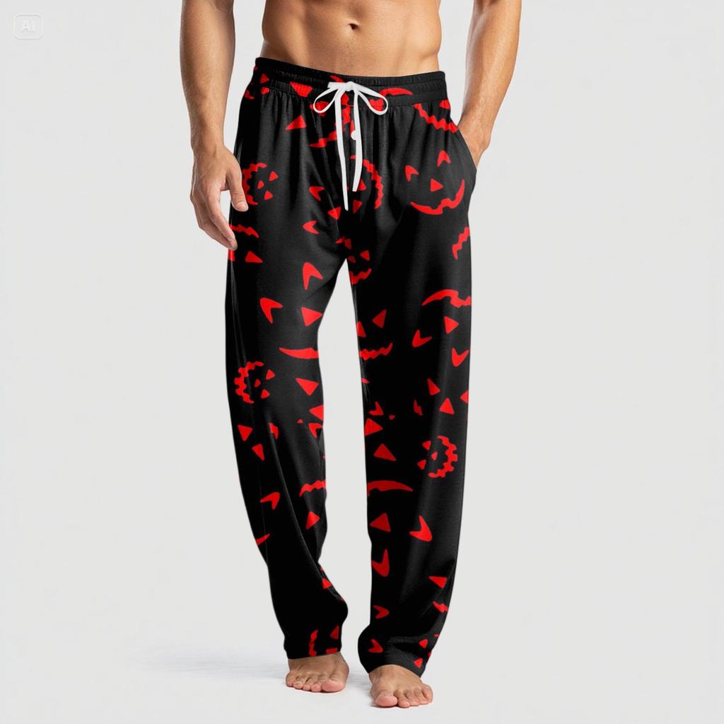 Men's Knitted Halloween Print Pocket Casual Pants Pajama Pants
