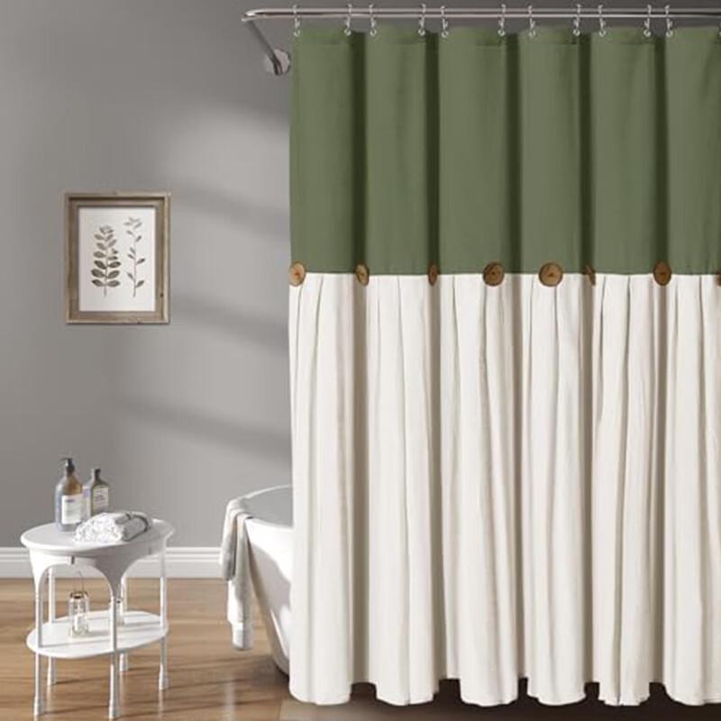 Handon Button Spliced Cotton Linen Shower Curtain
