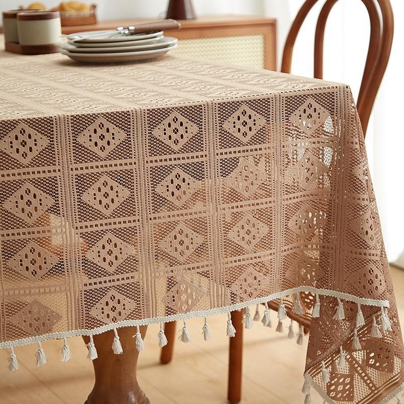 Handcrafted Bohemian Polyester Lace Tablecloth - Hollow Beige Embroidered Wave Triangle Design, Elegant Rectangle Table Cover for Wedding, Party, Home