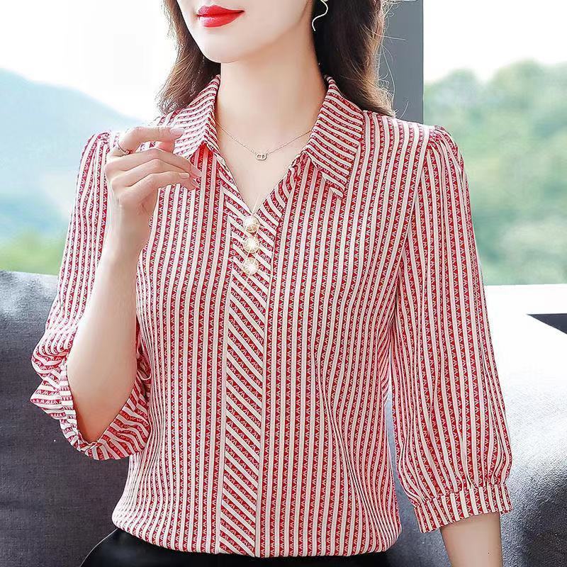 

Отложной воротник Рукав три четверти Пуловеры в полоску на пуговицах Повседневная формальная женская одежда Весна Лето Тонкий Прямой 4XL красный