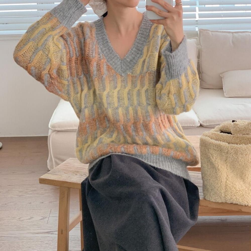New ArriVals Open Run Knitted V Neck Sweater Rainbow Gradient