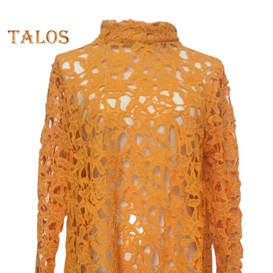 Dámská dlouhá top s výřezem, nepravidelná háčkovaná krajka, květinový patchwork, průsvitná krátká přední a zadní halenka s polovičními výstřihem a dlouhým rukávem