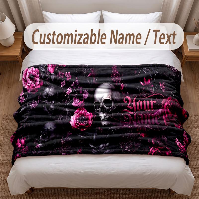 Skull Gothic Theme Soft Blanket Personalized Custom Name Text Print Warm Blanket Home Sofa Bedroom Decor