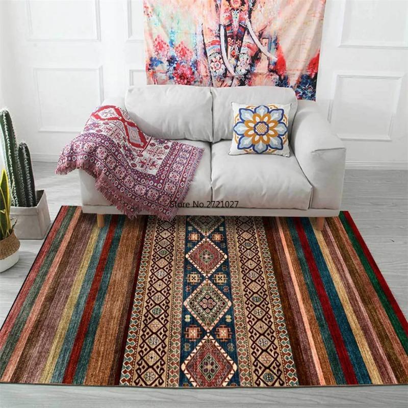 Ethnic Style Dark Colorful Geometric Striped Bedroom Carpet American Style Retro Abstract Carpet Living Room Bedside Mat