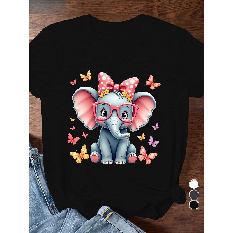 European Size Women's Plus Size Cute Elephant Graphic Short Sleeve T-Shirt - Soft Polyester, Round Neck, Casual Style, Machine Washable
