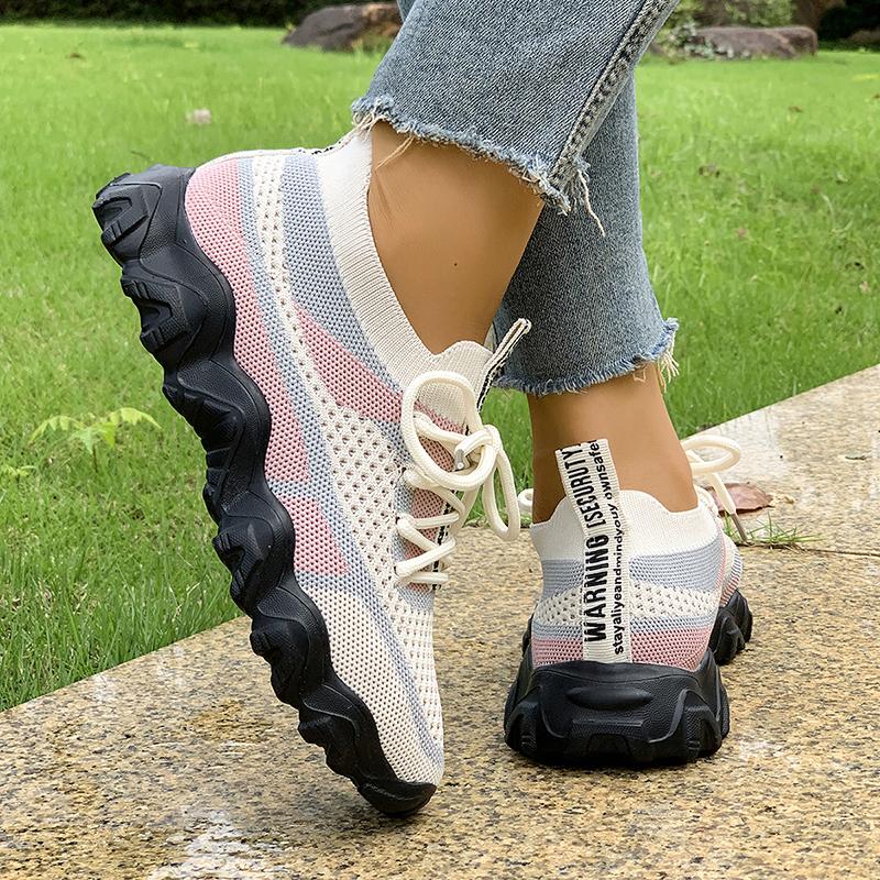Fashion Color Block Knit Casual Sneakers for Women Platform Breathable Running Shoes Woman Lightweight Non Slip Walking Sneakers