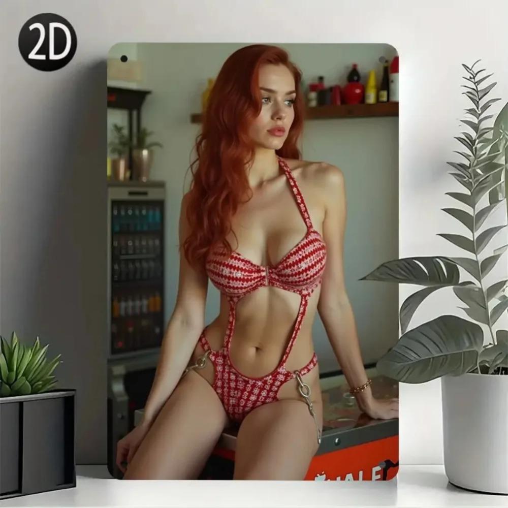 Vintage 1950s Retro Metal Wall Sign Bikini Girl Iron Poster for Bar Cafe Home