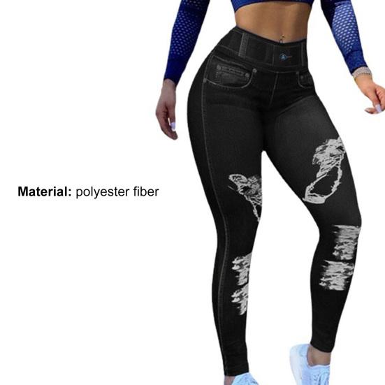 Strečové fitness kalhoty s vysokým pasem, distressed imitace džínů, kalhoty na cvičení pro jógu, zvedající hýždě