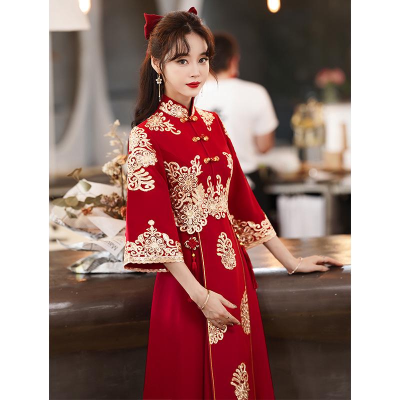2025 High-End Red Chinese-Style Bridal Qipao Xiuhe Dress with Long Sleeves