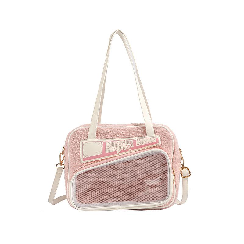 Plush Patchwork Badge Display Women Shoulder Bags Cute JK Ita Bag Tote Crossbody Bag Cartoon Girls Transparent Pocket Handbags only bag