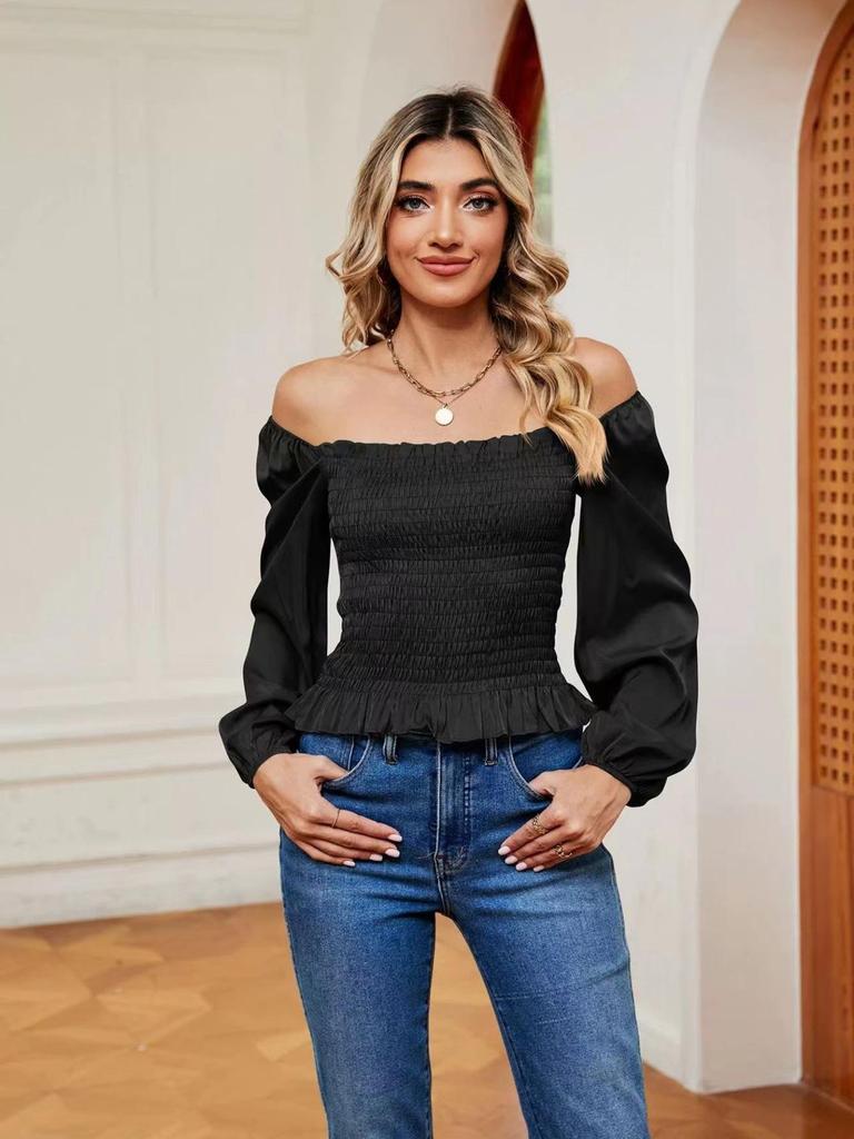 2024 European & American Spring/Summer Off-Shoulder Ruffle Smocked Long Sleeve Slimming Top for Women