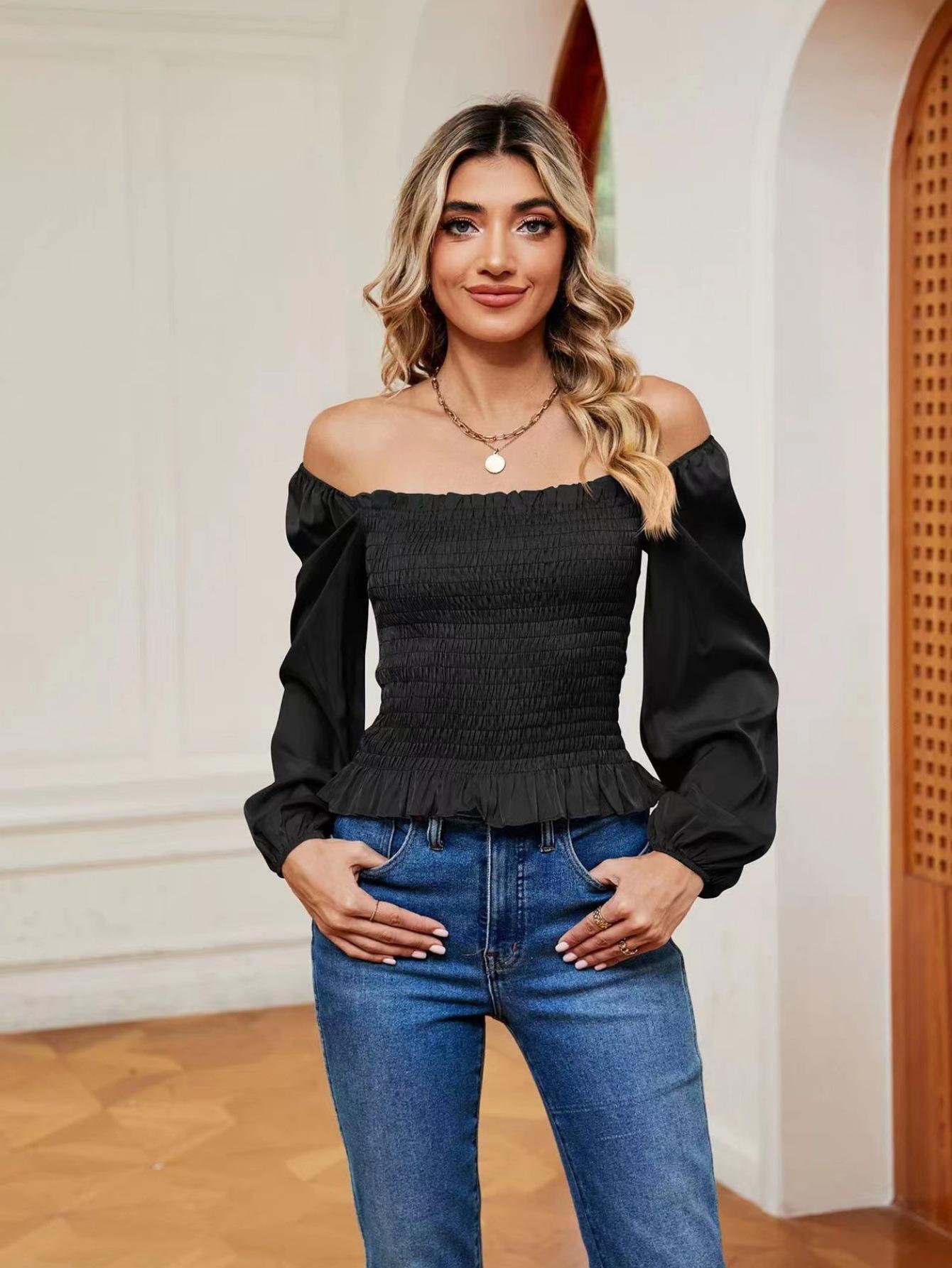 

2024 Европейский и американский весенне-летний топ с открытыми плечами, оборками, сборками, длинным рукавом, приталенный, для женщин Medium чёрный