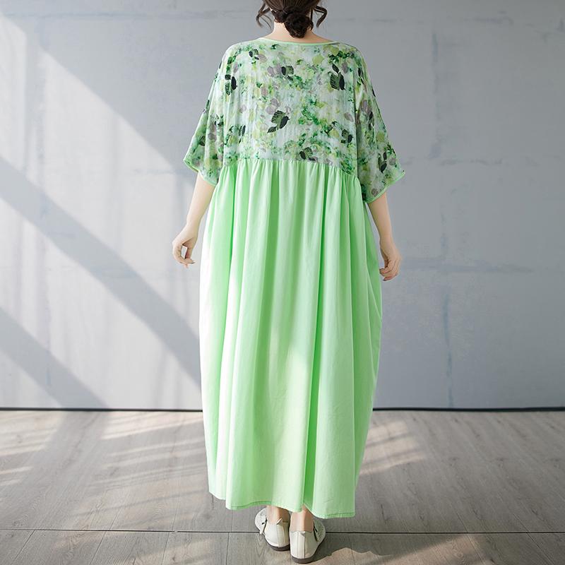 DIMANAF 2025 Summer Women New Plus Size Dress Spliced Basic Casual Loose Long Vintage V-Neck Pleated Dress Maxi