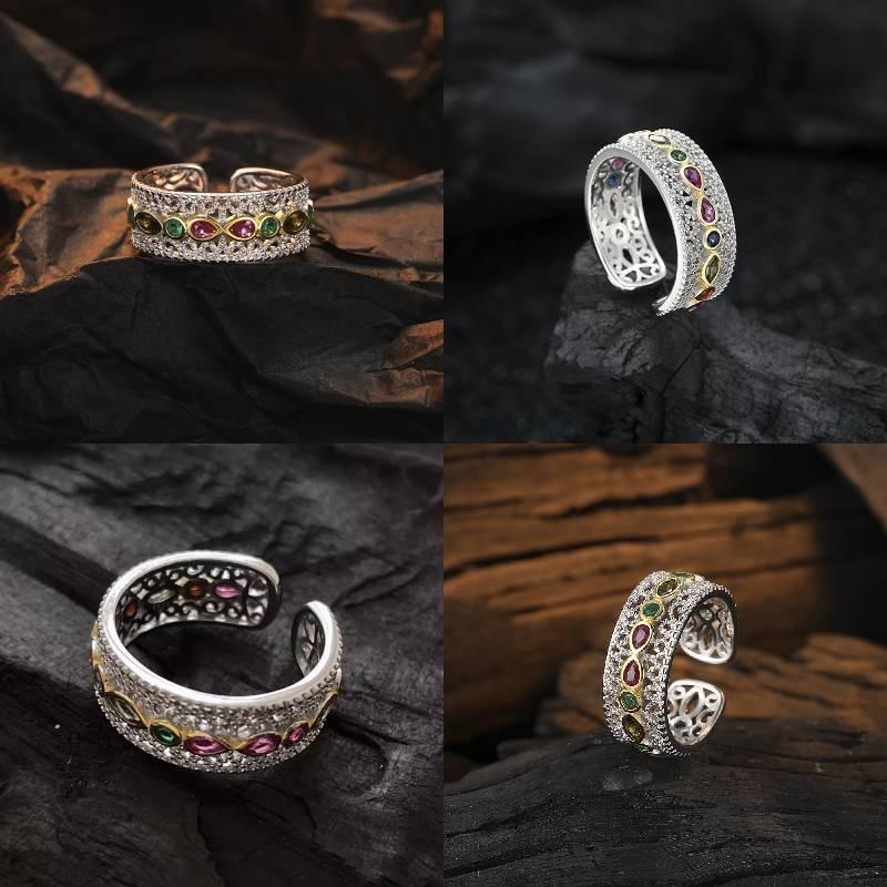 Stylish Geometric Copper Ring For Women Featuring Colorful Zirconia And Vintage Charm