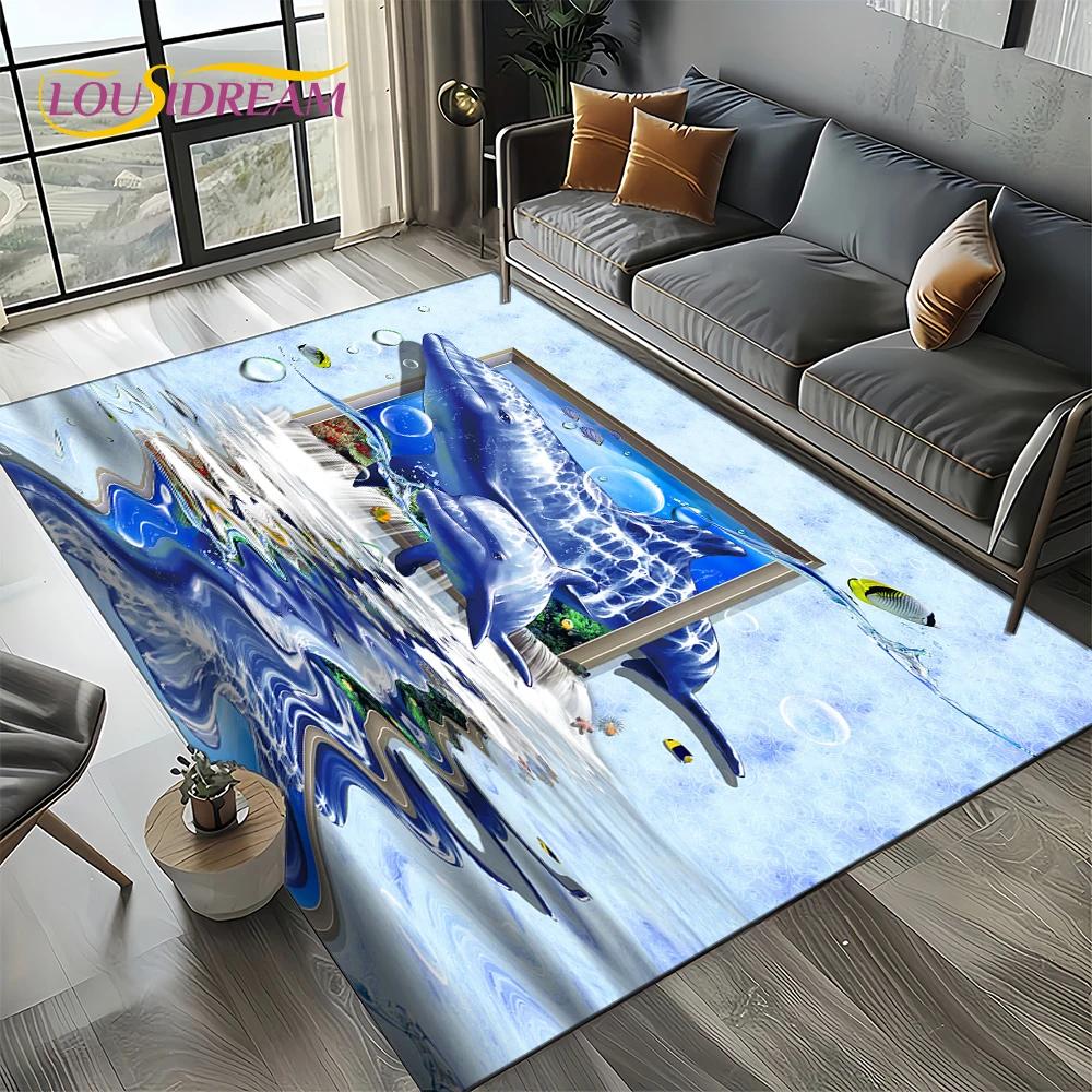 Underwater World 3D Illusion Seabed Cartoon Shark Dolphin Carpet Rug for Living Room Bedroom Home Sofa Decoration,Floor Mat Kid