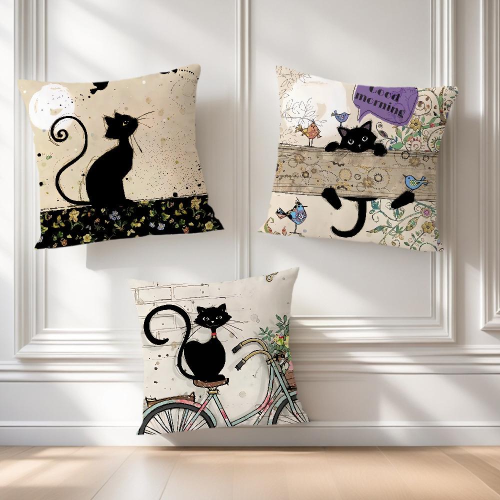 Funda de Almohada vintage francesa suave Cómoda gato negro caricatura para Sofá Sala de estar gato Habitación Hogar oficina Decoración Retro Cubierta Protectora