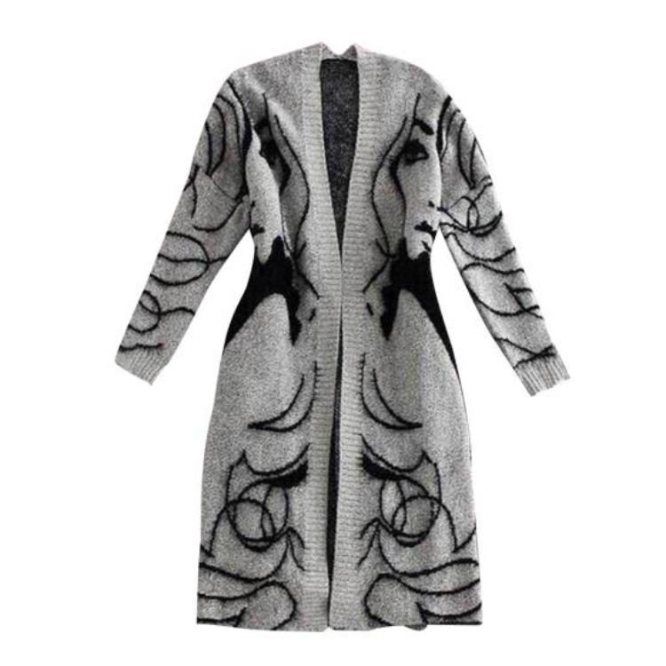 

Женский вязаный кардиган-пальто с длинным рукавом, осенне-зимний, свободный, с вышивкой на голове, свитер One Size