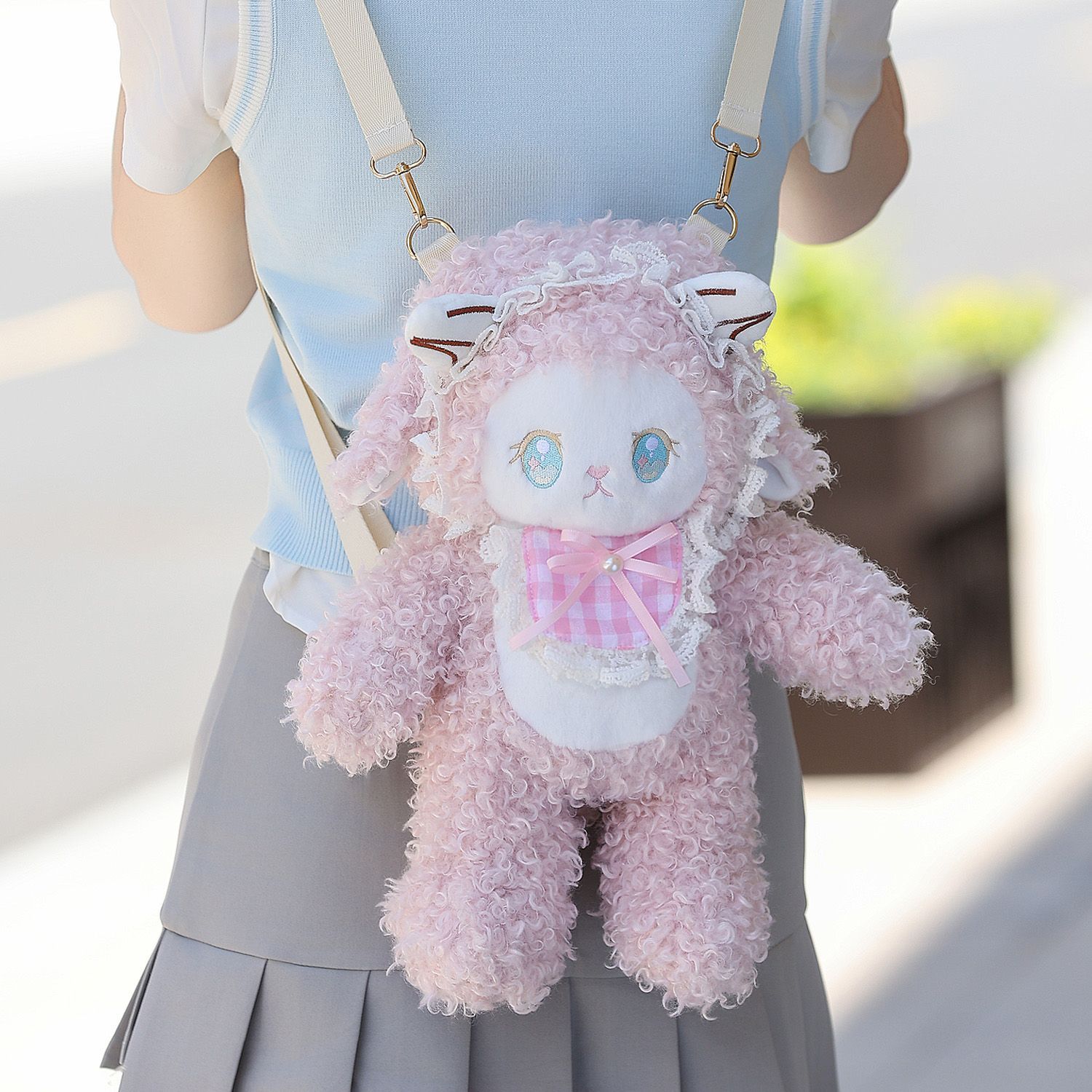 

Lolita Cute Little Sheep Plush Backpack Women Sweet Cute Crossbody Bag Ladies Large Capacity Travel Soft Kawaii Mochilas Mujer 33x39cm рожевий