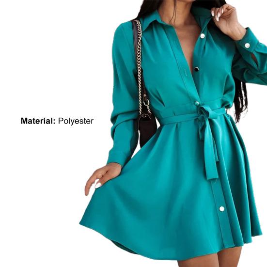 Turn-Down Collar Long Sleeve Women Dress Belt Solid Color Single Breasted Shirt Dress Female Clothing
