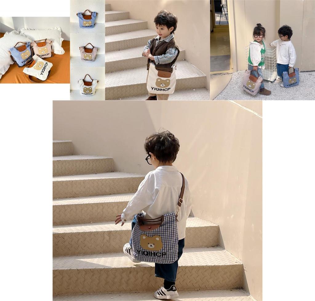 Adorable Kids Bear Pattern Gingham Tote Bag Stylish Springtime Crossbody For Girls