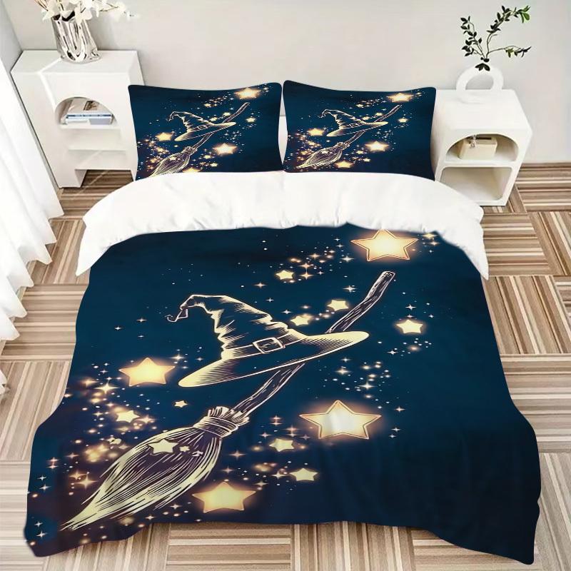 3pcs Witch Broomstick Bedding Set, Includes 1 Comforter + 2 Pillowcases, Without Pillow Inserts, Soft Comfortable, Lightweight Breathable, P
