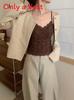 Cotton Winter Fall French Lace Camisole With Fixed Padded Cups For Women