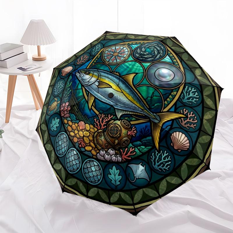 Ocean Life Glass Pattern Umbrella, Portable and Foldable Design, 8 Ribs, a Casual Accessory for Halloween, Christmas, and Birthday Gifts.
