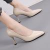 Metal Decoration Thin Heels Ladies Footwear Normal Leather Casual Women's Shoes High Pointed Toe Office On Heeled Beige Pumps E
