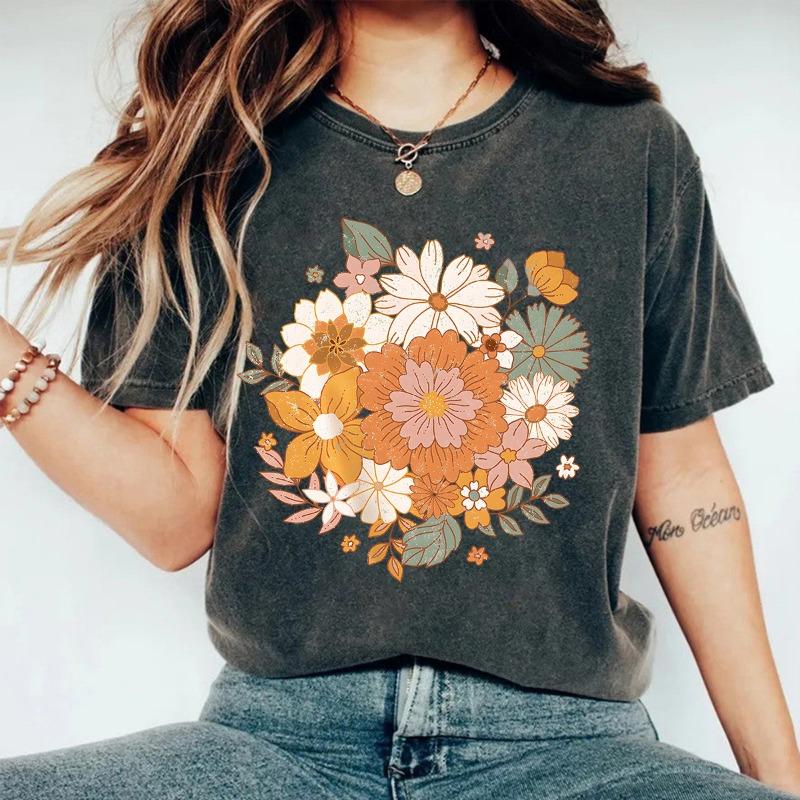

Круглый вырез, модная футболка из чистого хлопка, выстиранная и состаренная, с цветочным принтом, свободные короткие рукава M чёрный