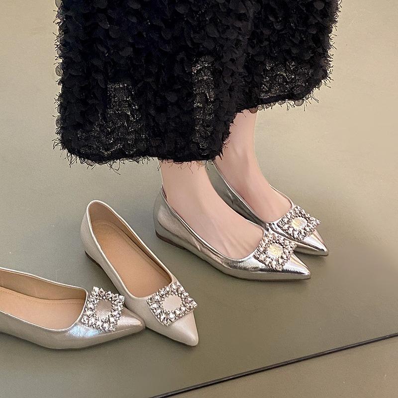 Fashion Heightened Low Heel Single Shoes Autumn New Pointed Toe Shallow Slip Rhinestone Square Buckle Soft Sole Low Top Shoes