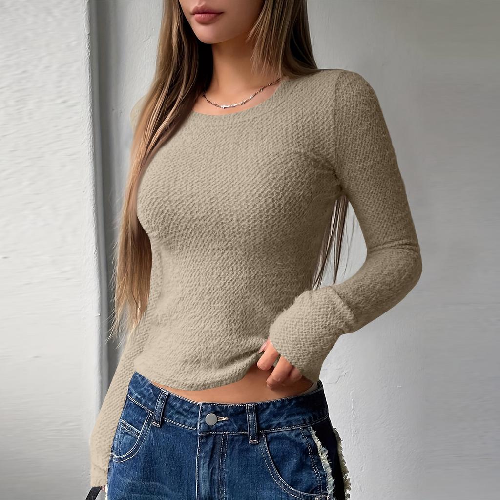 Ladies' Casual Solid Color Long Sleeved Round Neck Top